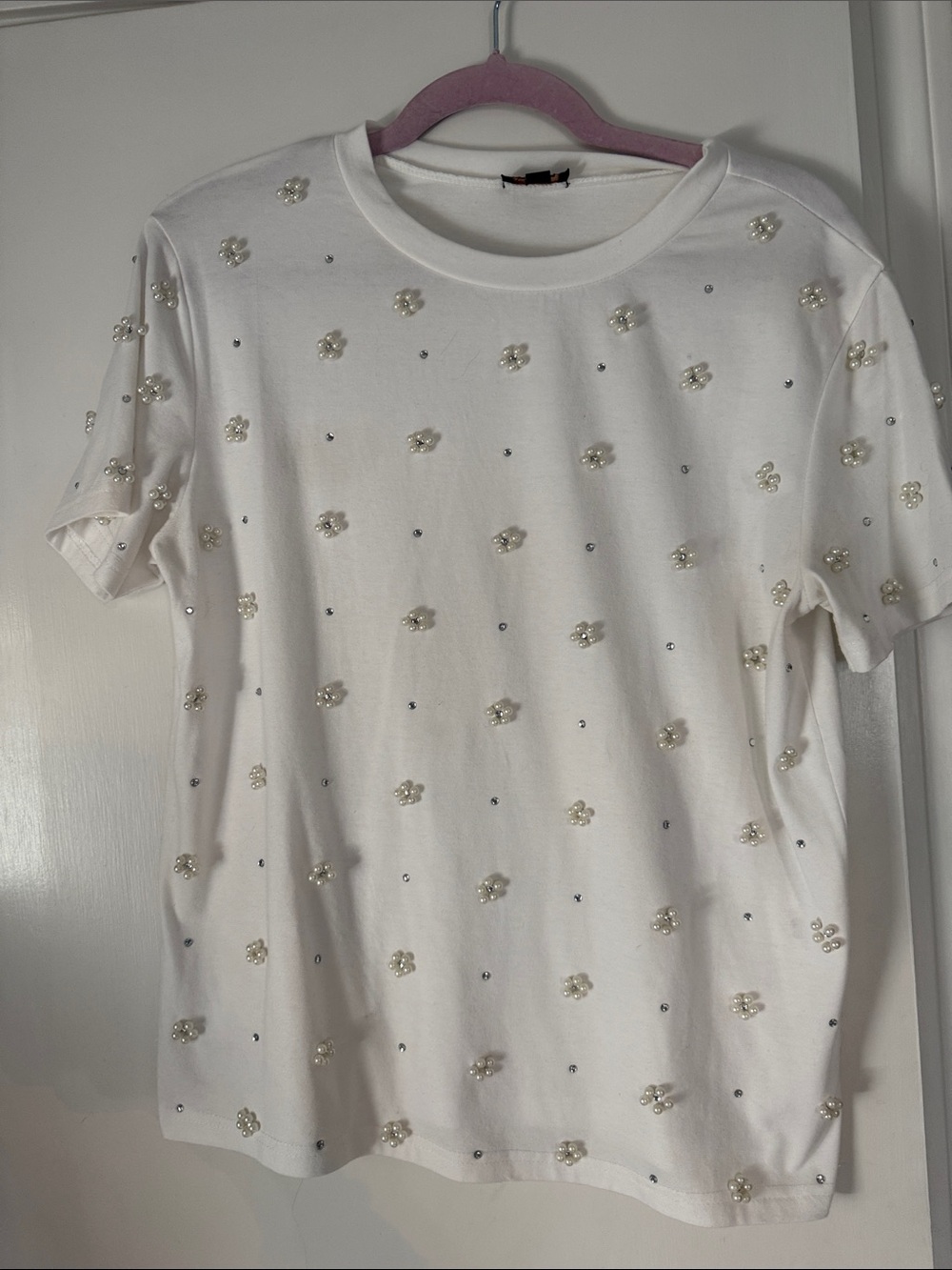Pearl-Embellished White Short Sleeve Tee